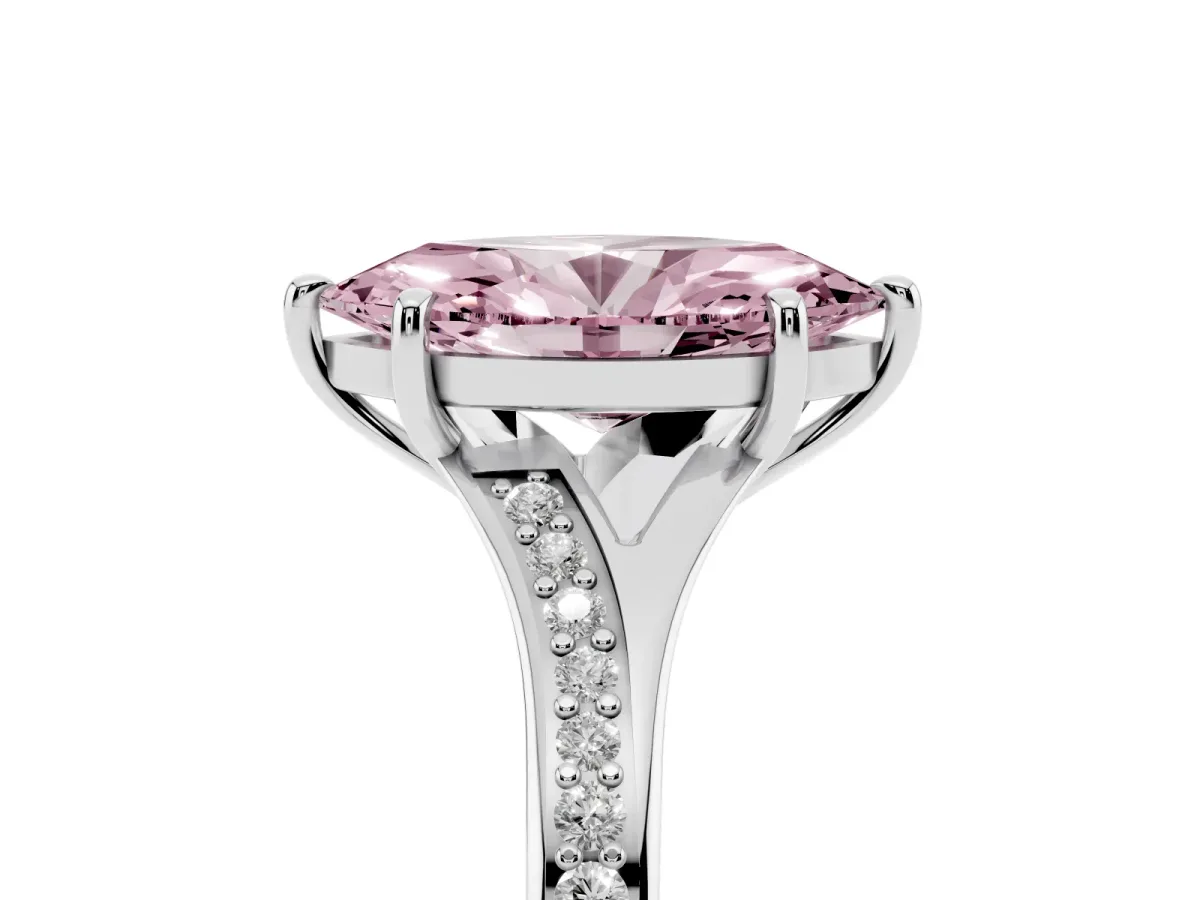 Fancy Pink Marquise Cut Diamond Solitaire Ring with Pavé Band and Prong Setting Silver
