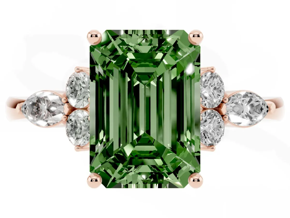 Fancy Green Emerald Cut Brilliant Diamond Solitaire Ring with Pear Side Stones and Four-Prong Setting Rose gold