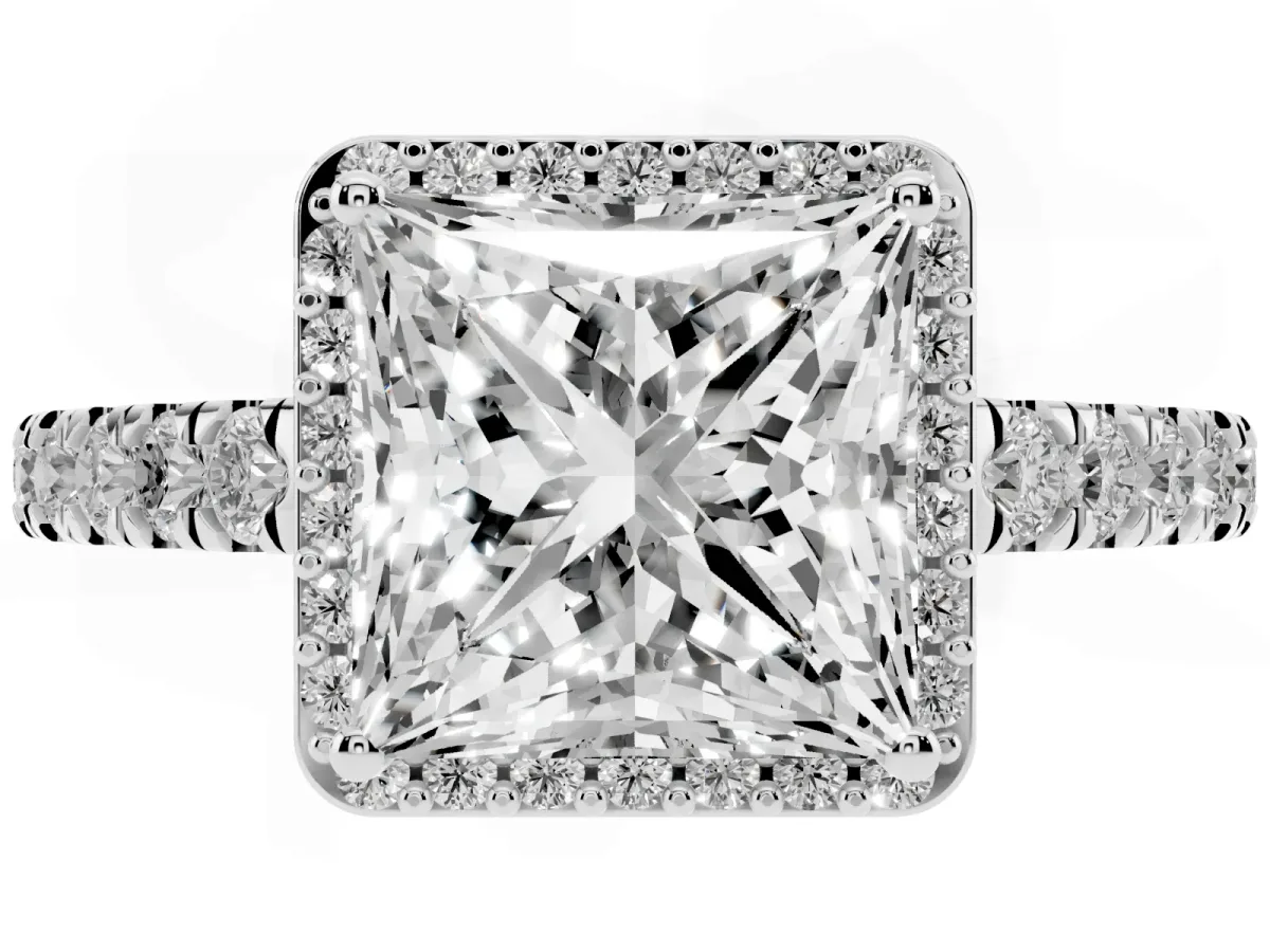 Princess Cut Cut Halo Diamond Engagement Ring with Pave Band and Four-Prong Setting Platinum