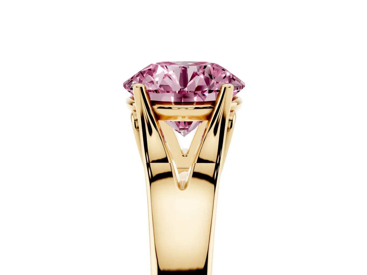 Fancy Pink Round Cut Solitaire Diamond Ring with Cathedral Band and Four-Prong Setting Yellow gold