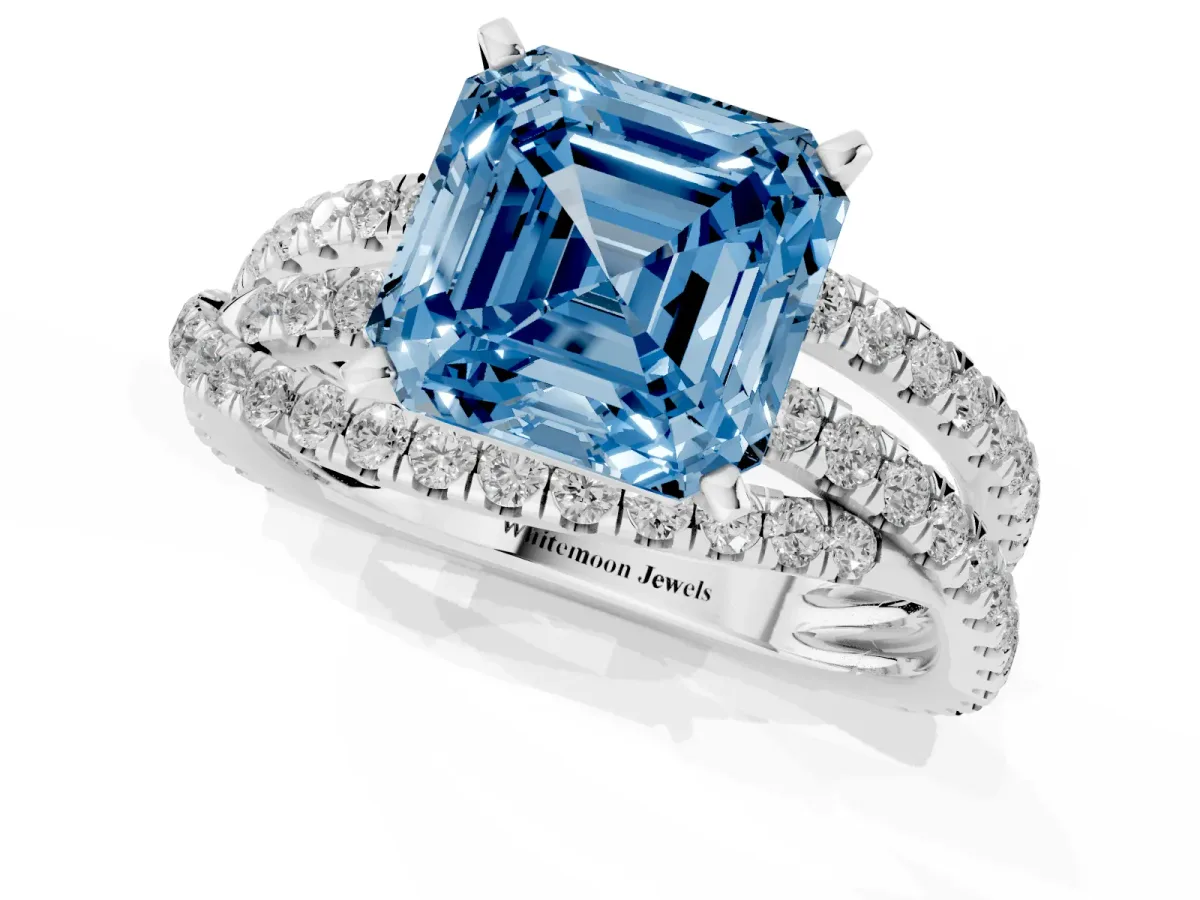 Fancy Blue Asscher Cut Solitaire Twist Band with Pavé Setting and Four-Prong Setting Silver
