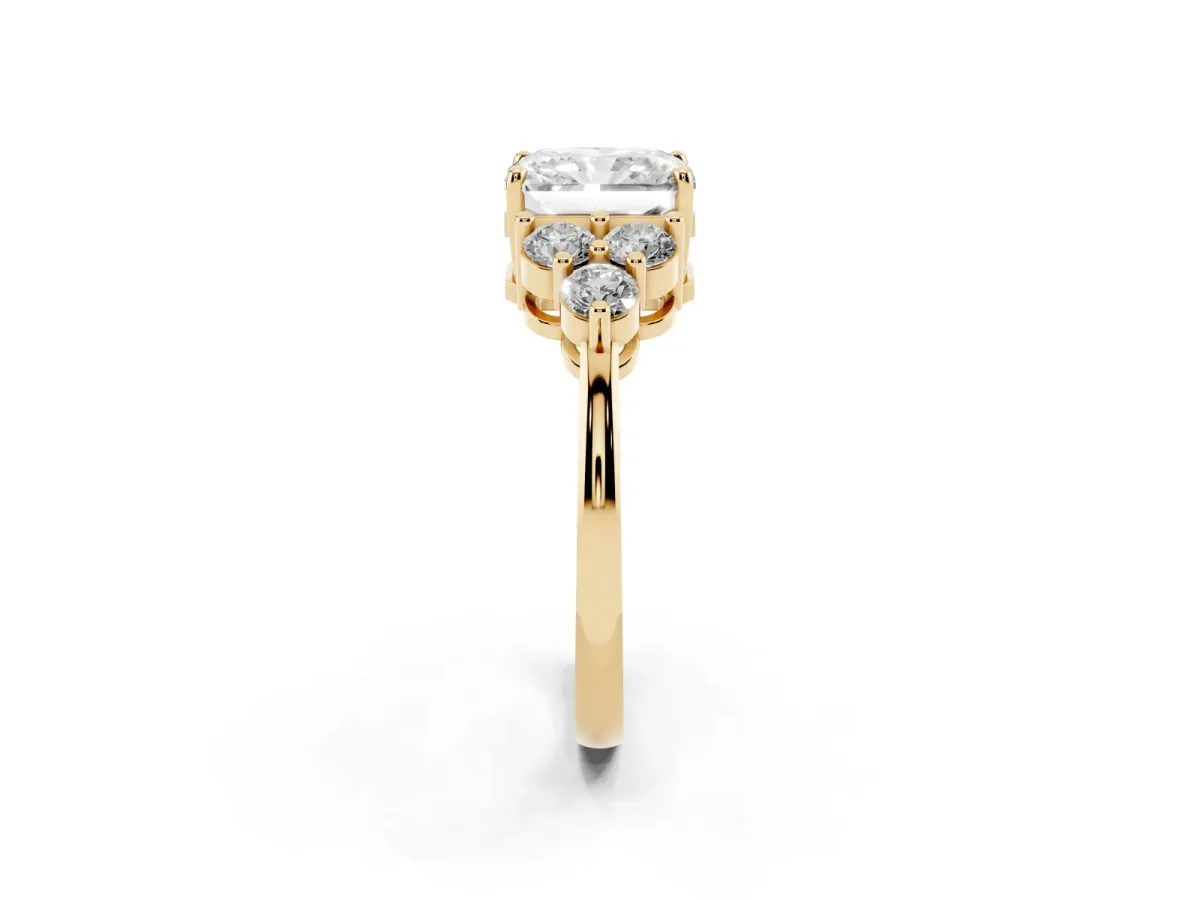 Radiant Cut Brilliant Diamond Cluster Accent Solitaire Ring with Prong Setting Yellow gold