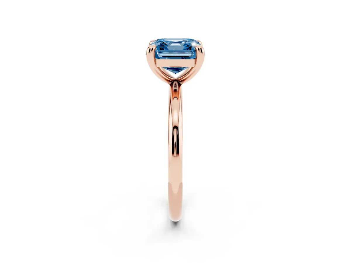 Fancy Blue Asscher Cut Solitaire Diamond Ring with Four-Prong Setting on a Plain Band Rose gold