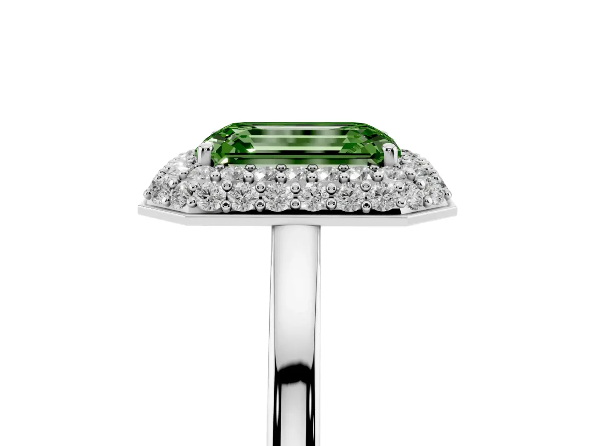 Fancy Green Emerald Cut Halo Diamond Engagement Ring with Solitaire Band and Four-Prong Setting Silver