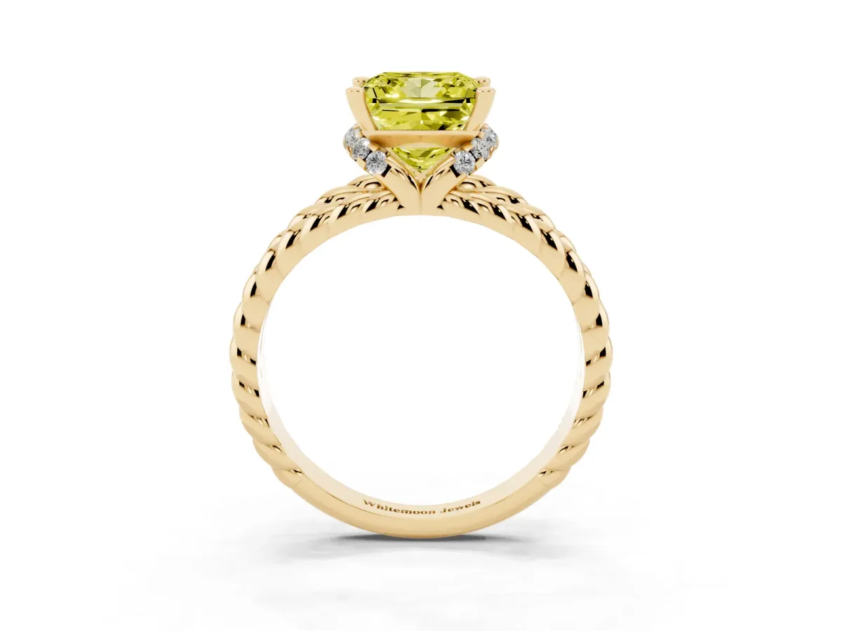 Fancy Yellow Princess Cut Halo Twisted Band Four-Prong Ring Yellow gold