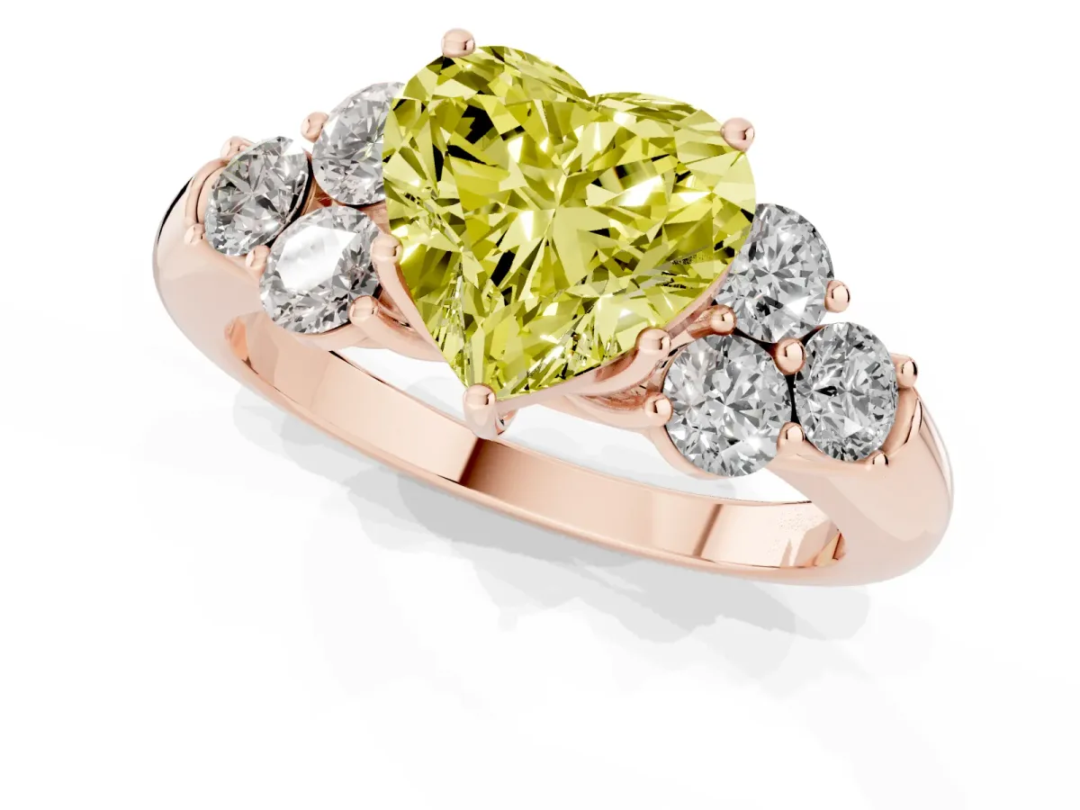 Fancy Yellow Heart Cut Cut Diamond Cluster Ring with Round Accent Stones and Prong Setting on a Classic Band Rose gold