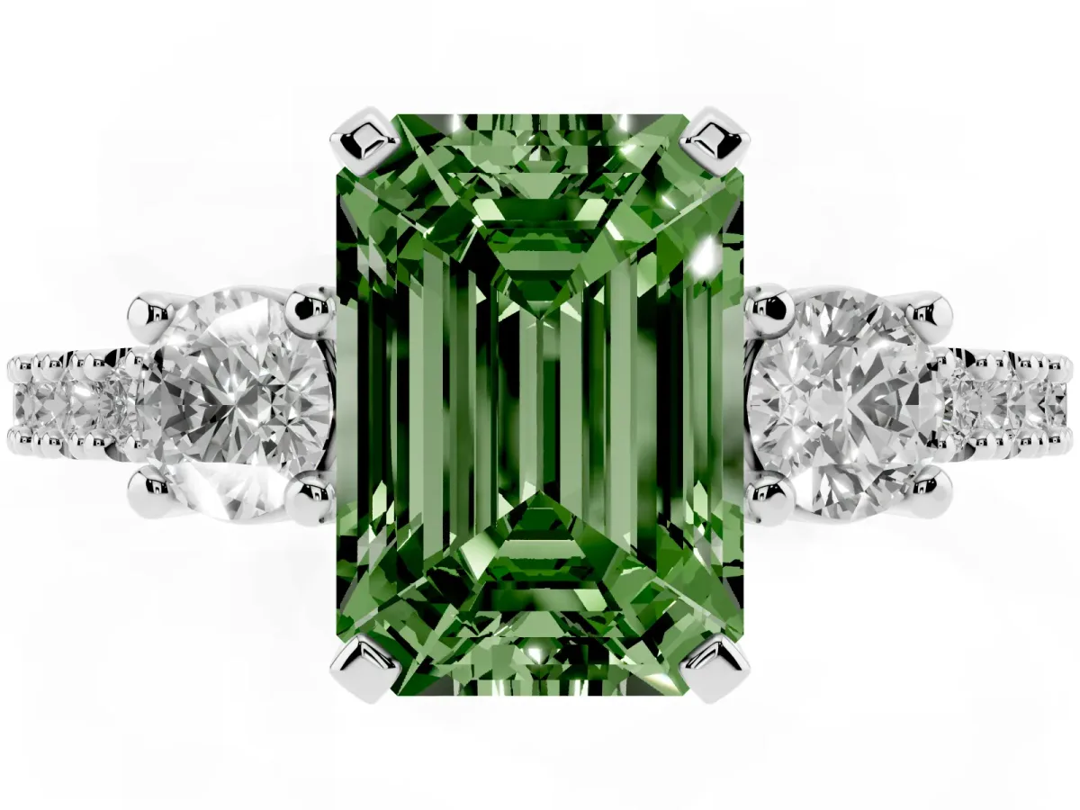 Fancy Green Emerald Cut Three-Stone Diamond Pavé Band with Prong Setting Platinum