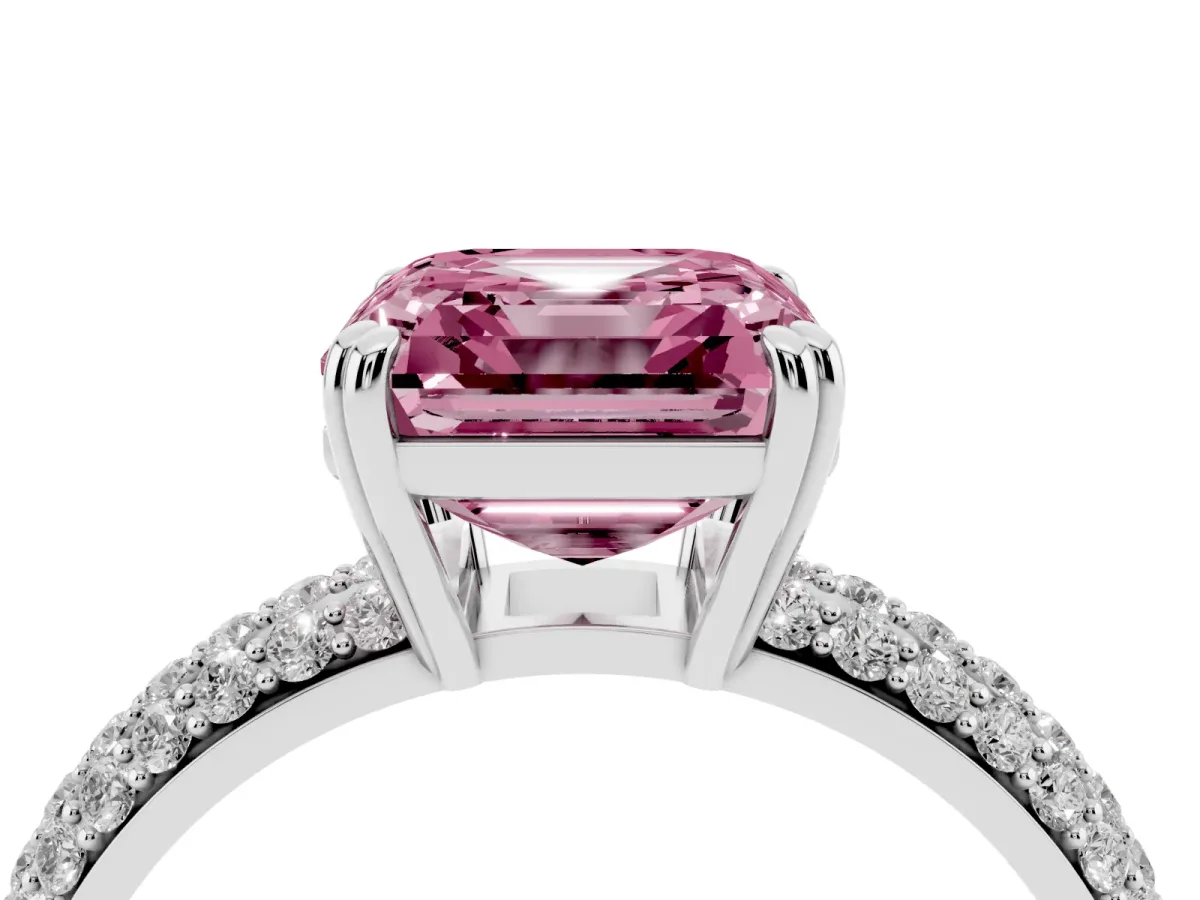 Fancy Pink Asscher Cut Diamond Solitaire Ring with Multi-Row Round Pavé Band and Prong Setting Silver