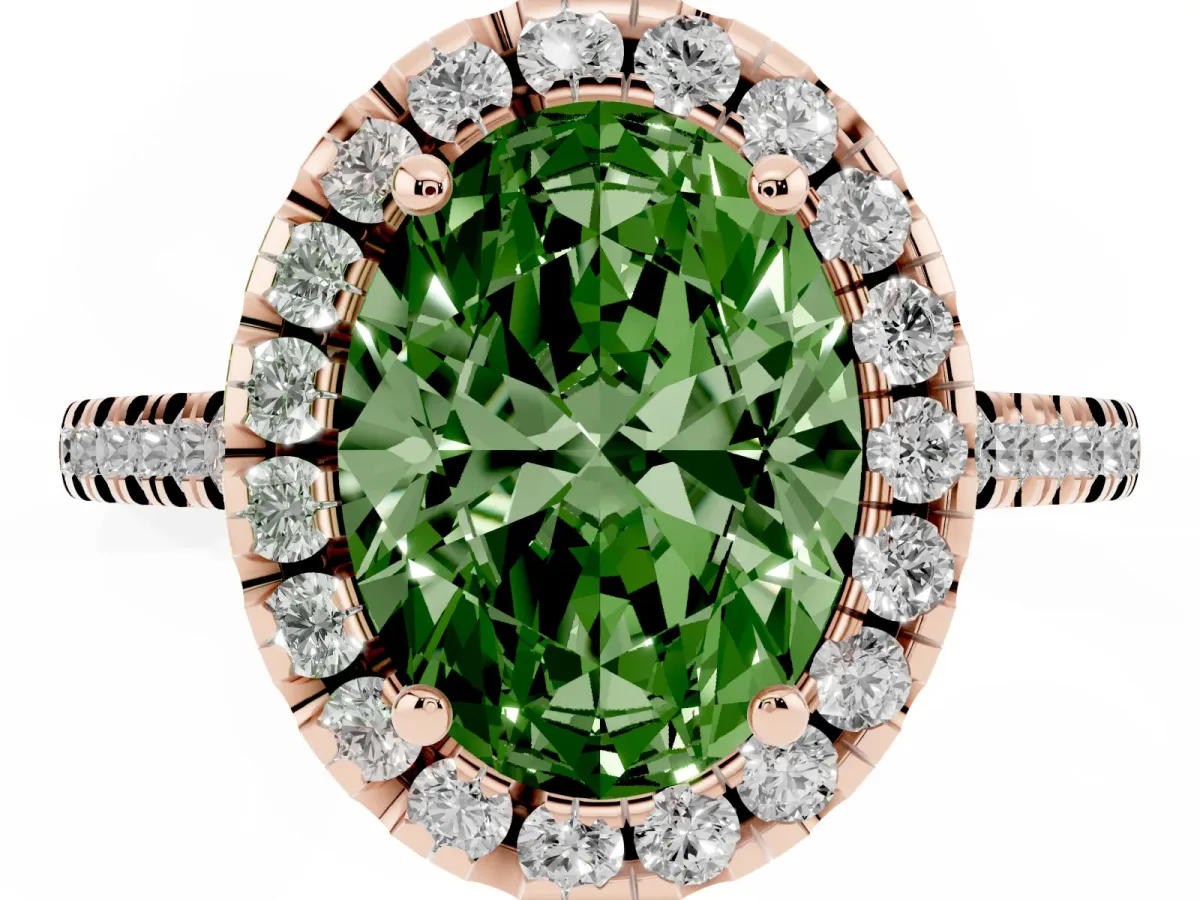 Fancy Green Oval Cut Diamond Cushion Halo Ring with Pavé Band Rose gold