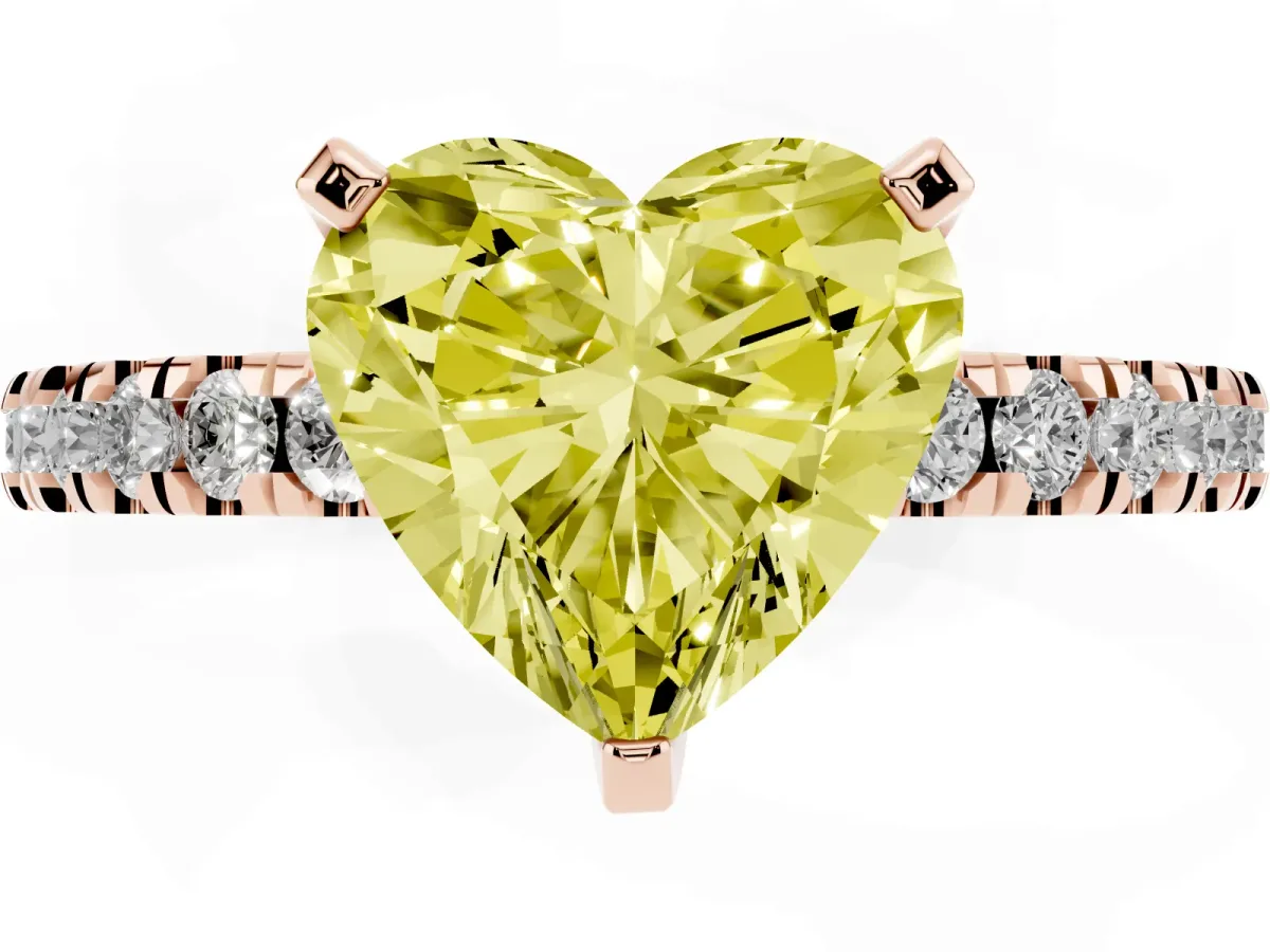 Fancy Yellow Heart Cut Solitaire Diamond with Pavé Band and Four-Prong Setting Rose gold
