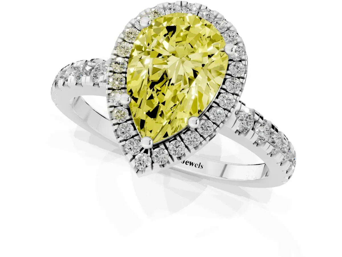 Fancy Yellow Pear Cut Diamond Halo Ring with Pavé Band and Four-Prong Setting White gold