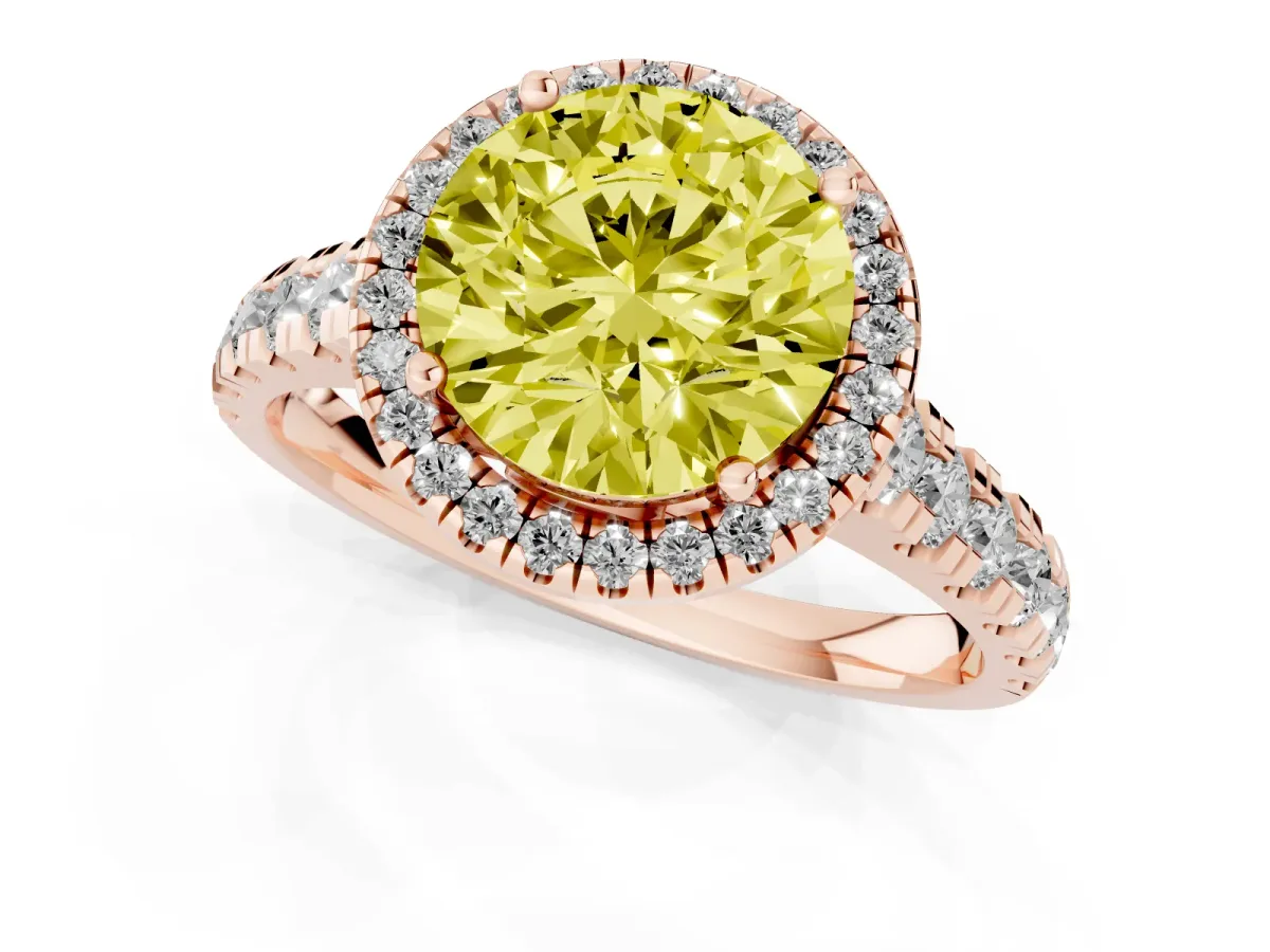 Fancy Yellow Round Cut Halo Pavé Diamond Engagement Ring with Four-Prong Setting Rose gold