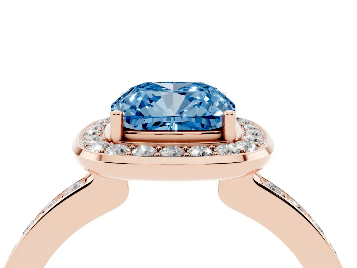 Fancy Blue Cushion Cut Diamond Halo Ring with Bezel Frame and Pavé Band Rose gold