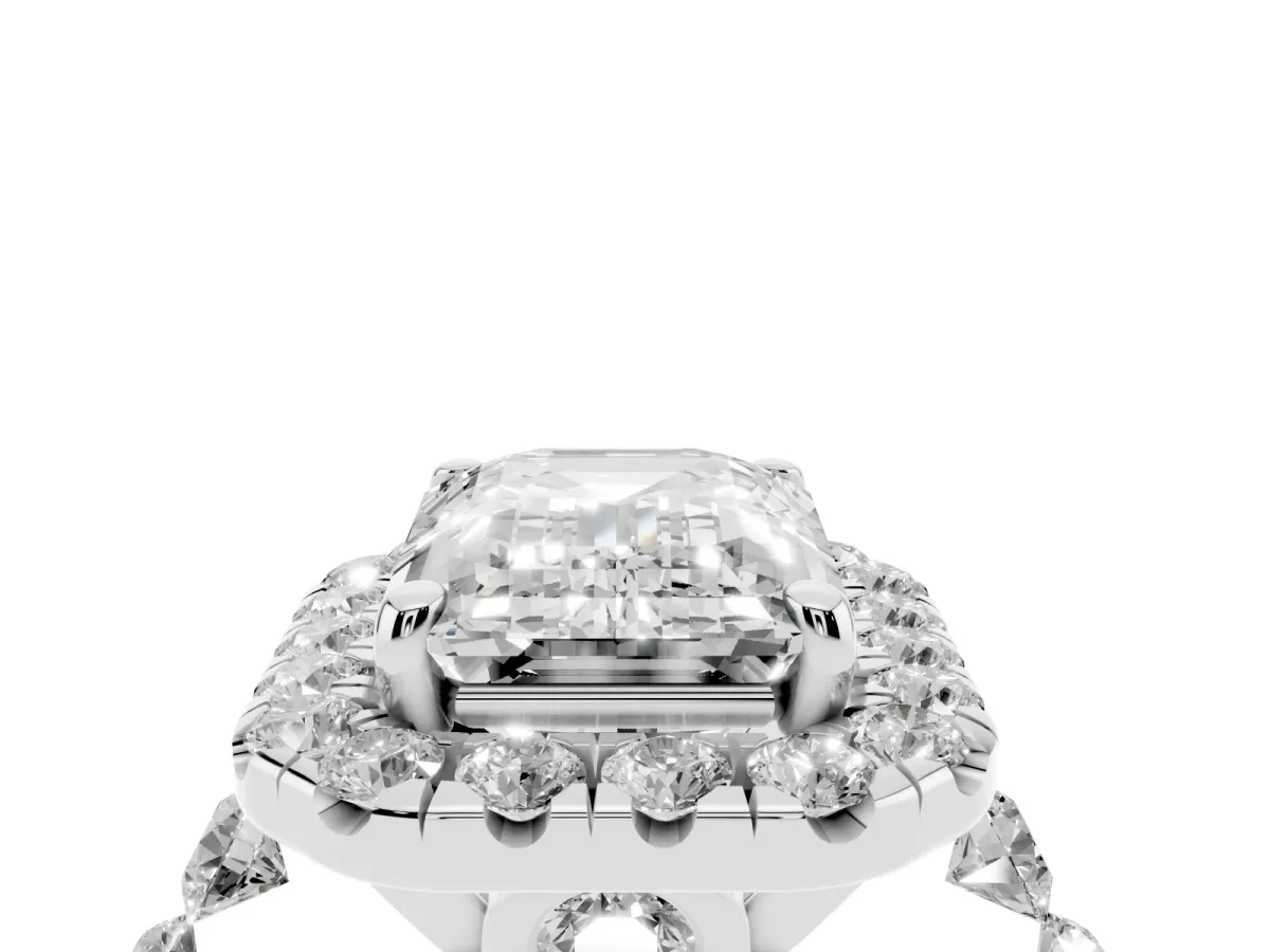 Emerald Cut Halo Pavé Diamond Engagement Ring with Four-Prong Setting Silver