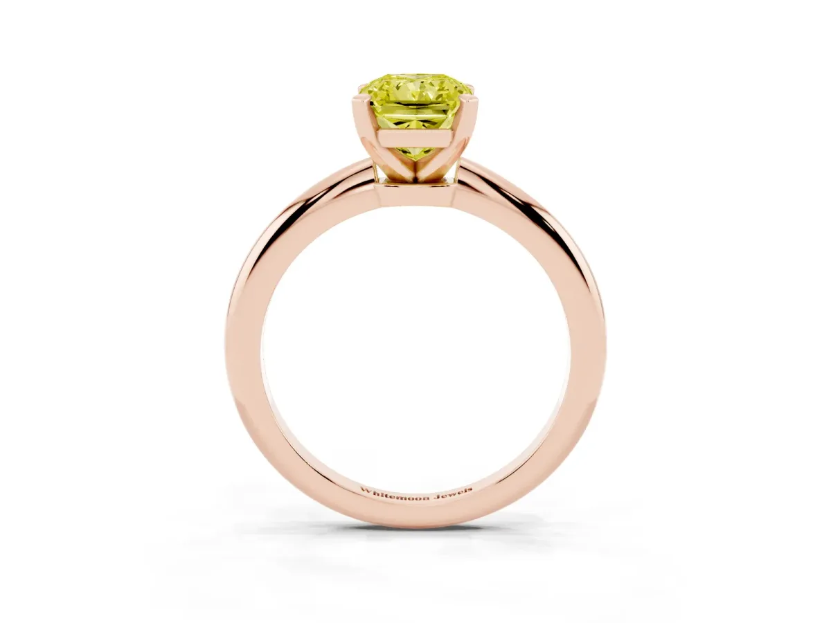 Fancy Yellow Radiant Cut Diamond Solitaire Ring with Prong Setting and Classic Band Rose gold