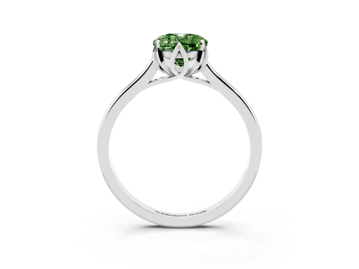 Fancy Green Oval Cut Diamond Solitaire Ring with Flower Prong Setting and Classic Band Silver