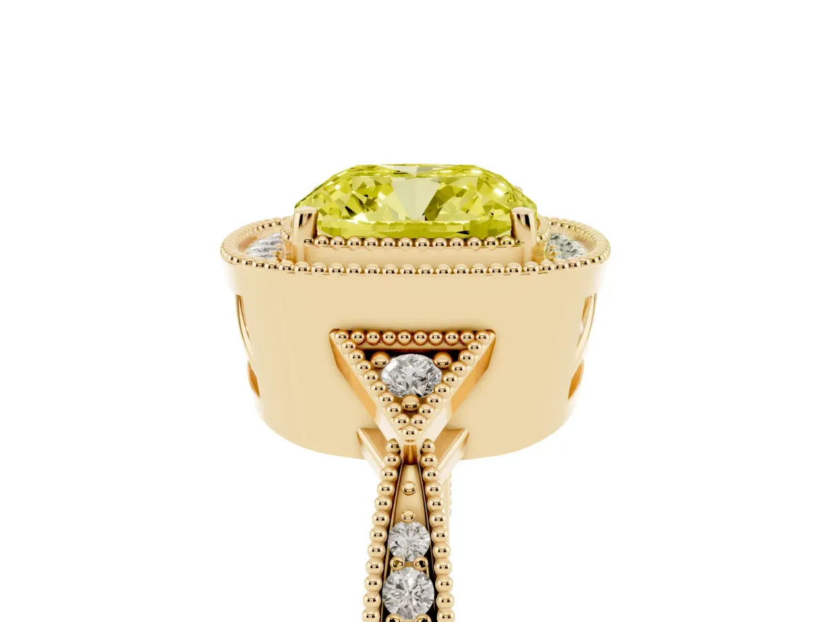 Fancy Yellow Cushion Cut Halo Round Diamond Milgrain Pave Engagement Ring Yellow gold