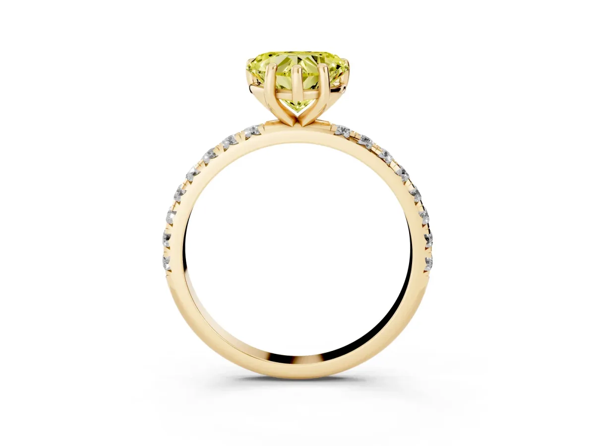 Fancy Yellow Heart Cut Cut Diamond Solitaire Ring with Micro Pave Band and Four Prong Setting Yellow gold