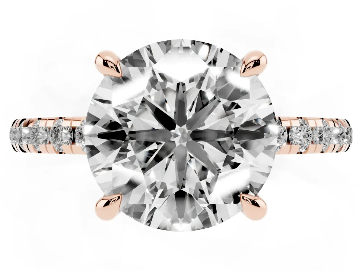 Round Cut Diamond Brilliant Solitaire Ring with Pavé Band and Four-Prong Setting Rose gold