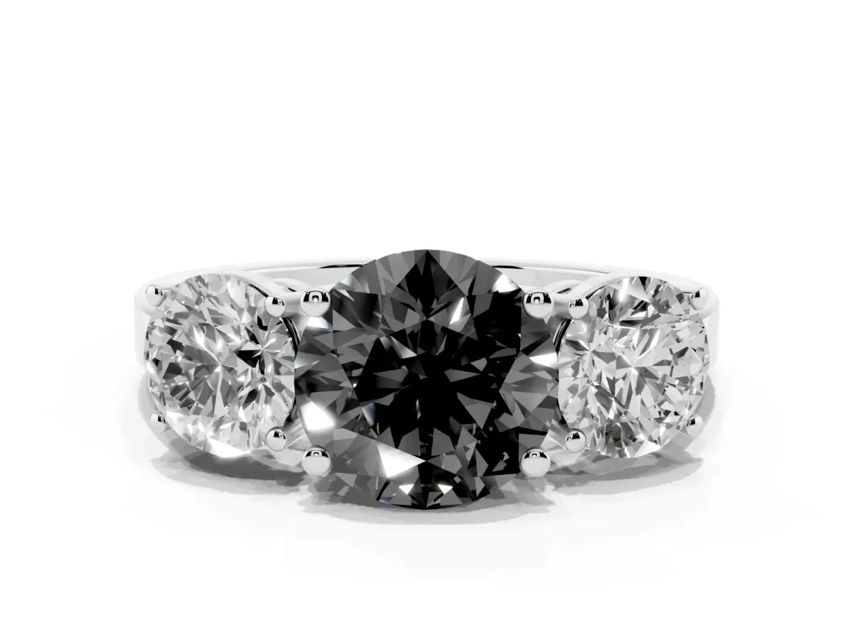 Fancy Black Three-Stone Round Cut Cut Diamond Engagement Ring with Flat Band and Four-Prong Setting Silver