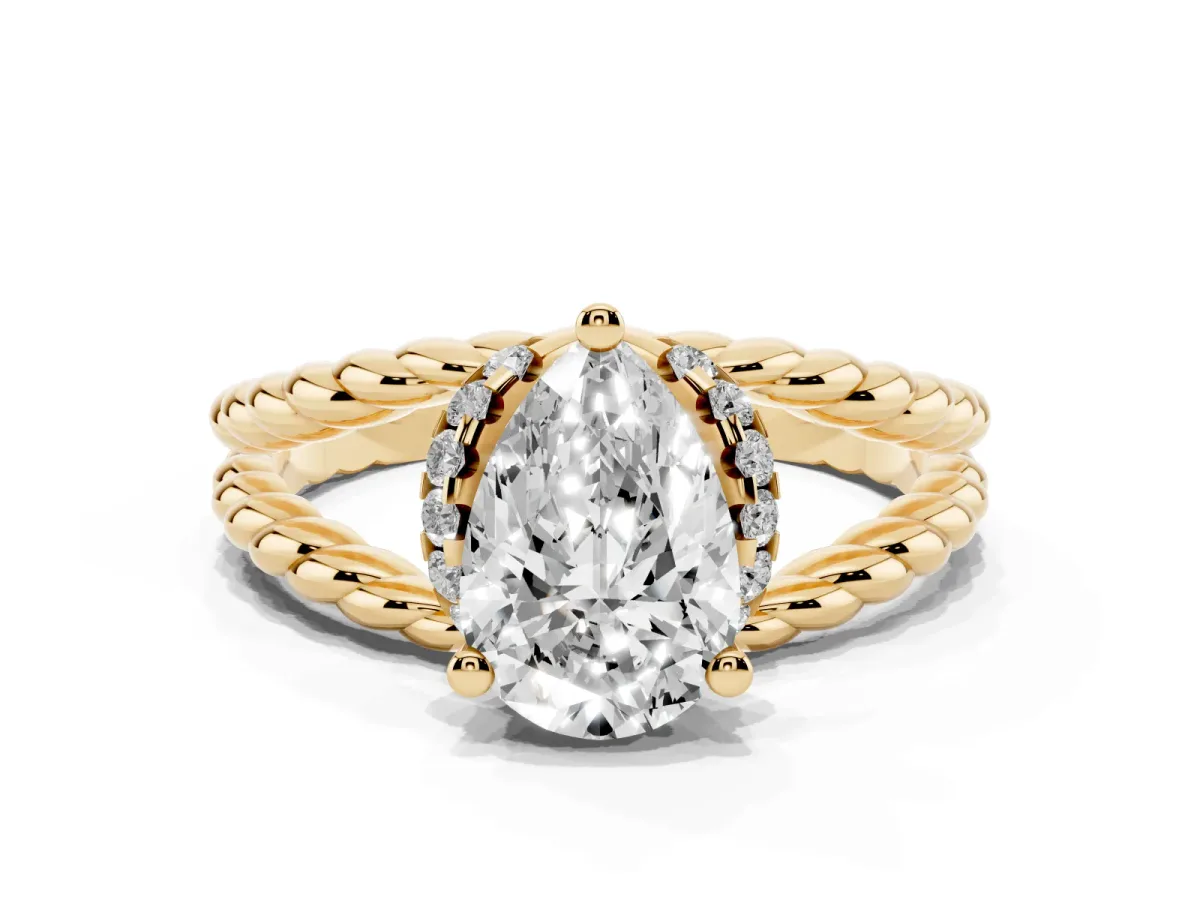 Pear Cut Halo Twisted Band Four-Prong Ring Yellow gold