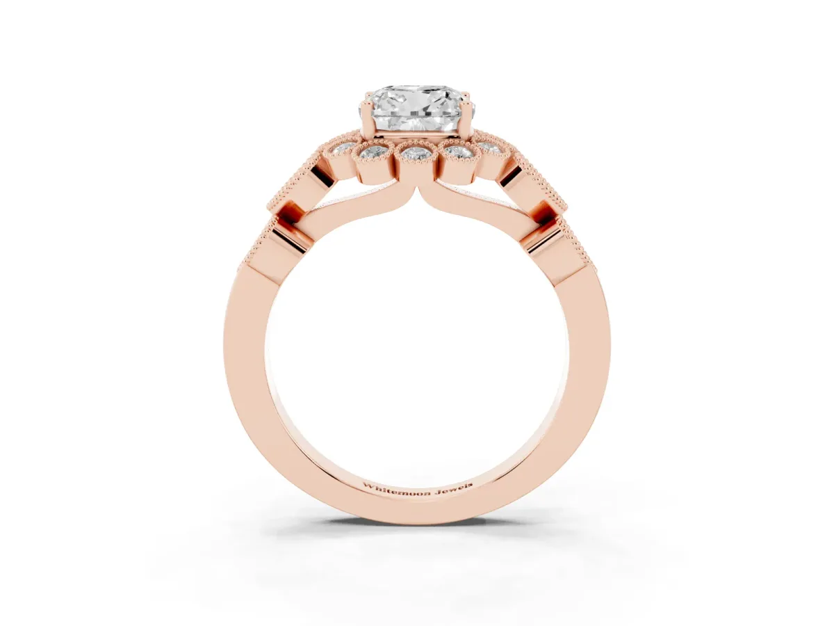 Cushion Cut Brilliant Milgrain Pave Heart Band Solitaire Ring Rose gold