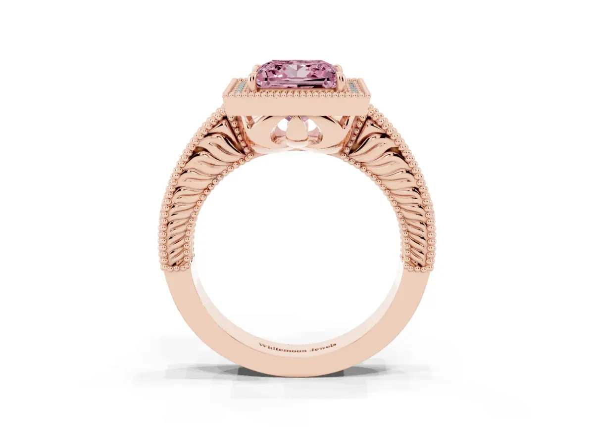 Fancy Pink Princess Cut Cut Halo Diamond Ring with Pavé Band and Four-Prong Setting Rose gold