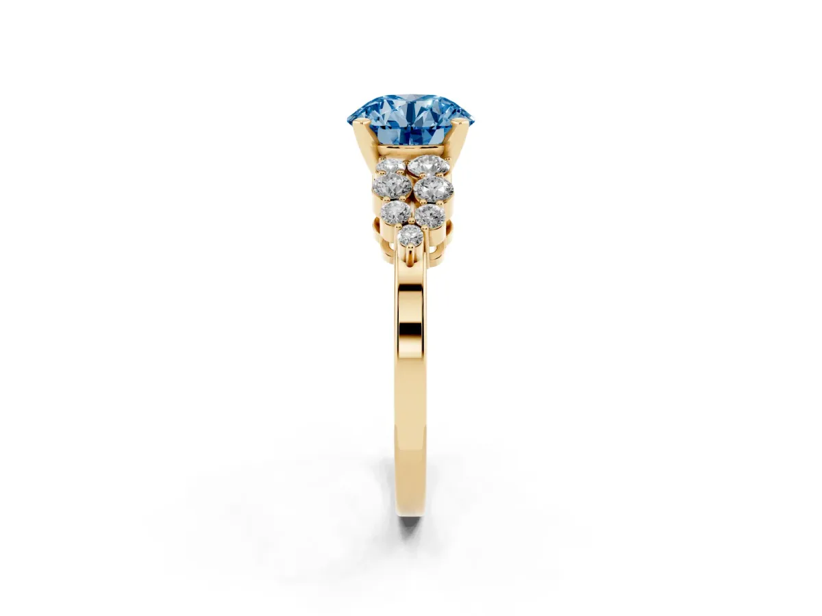 Fancy Blue Round Cut Cluster Diamond Engagement Ring with Pavé Band and Four-Prong Setting Yellow gold