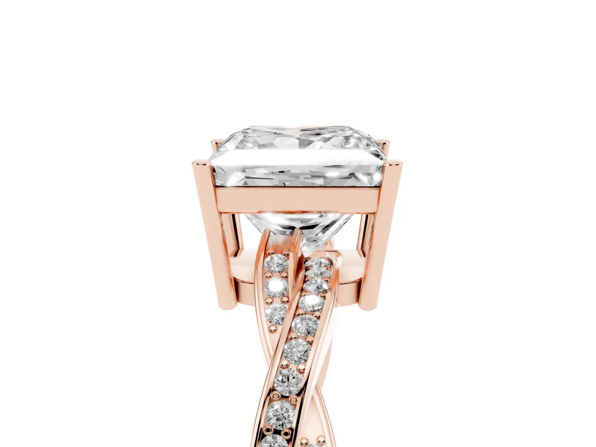 Princess Cut Solitaire Twisted Pave Diamond Ring with Four-Prong Setting Rose gold