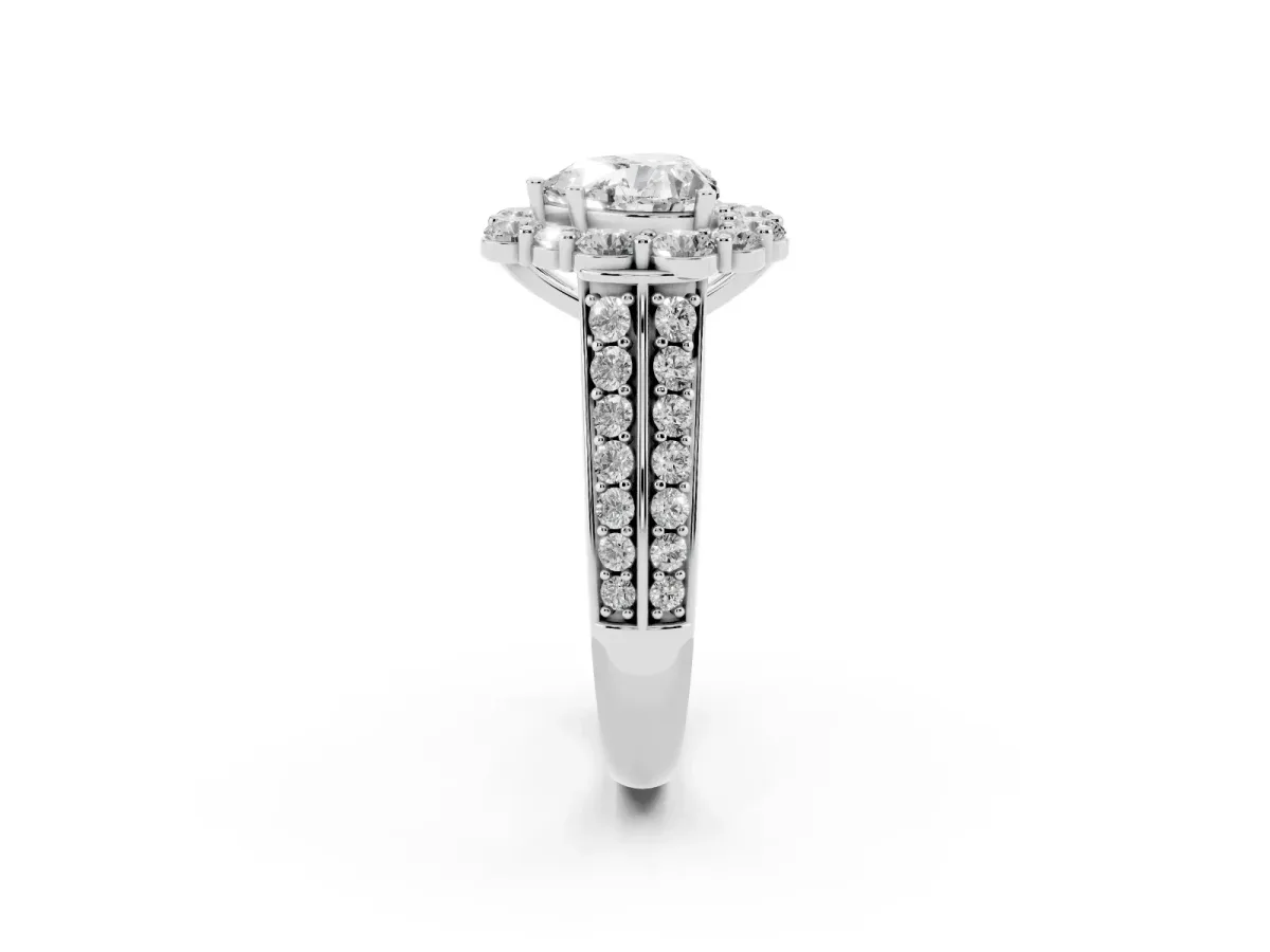 Heart Cut Halo Diamond Engagement Ring with Split Shank and Prong Setting Silver