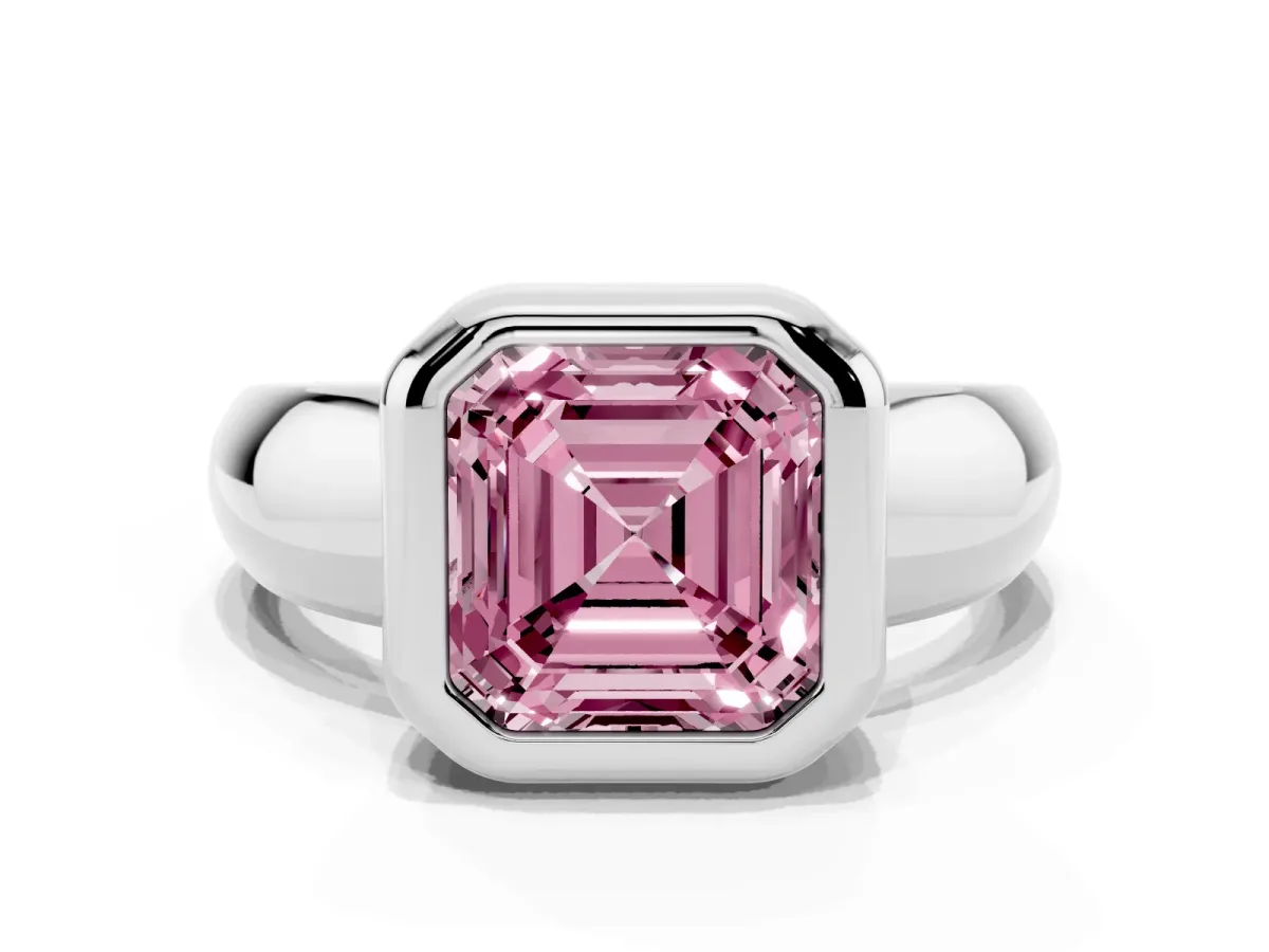 Fancy Pink Bezel Set Asscher Cut Solitaire Ring with Wide Band Silver