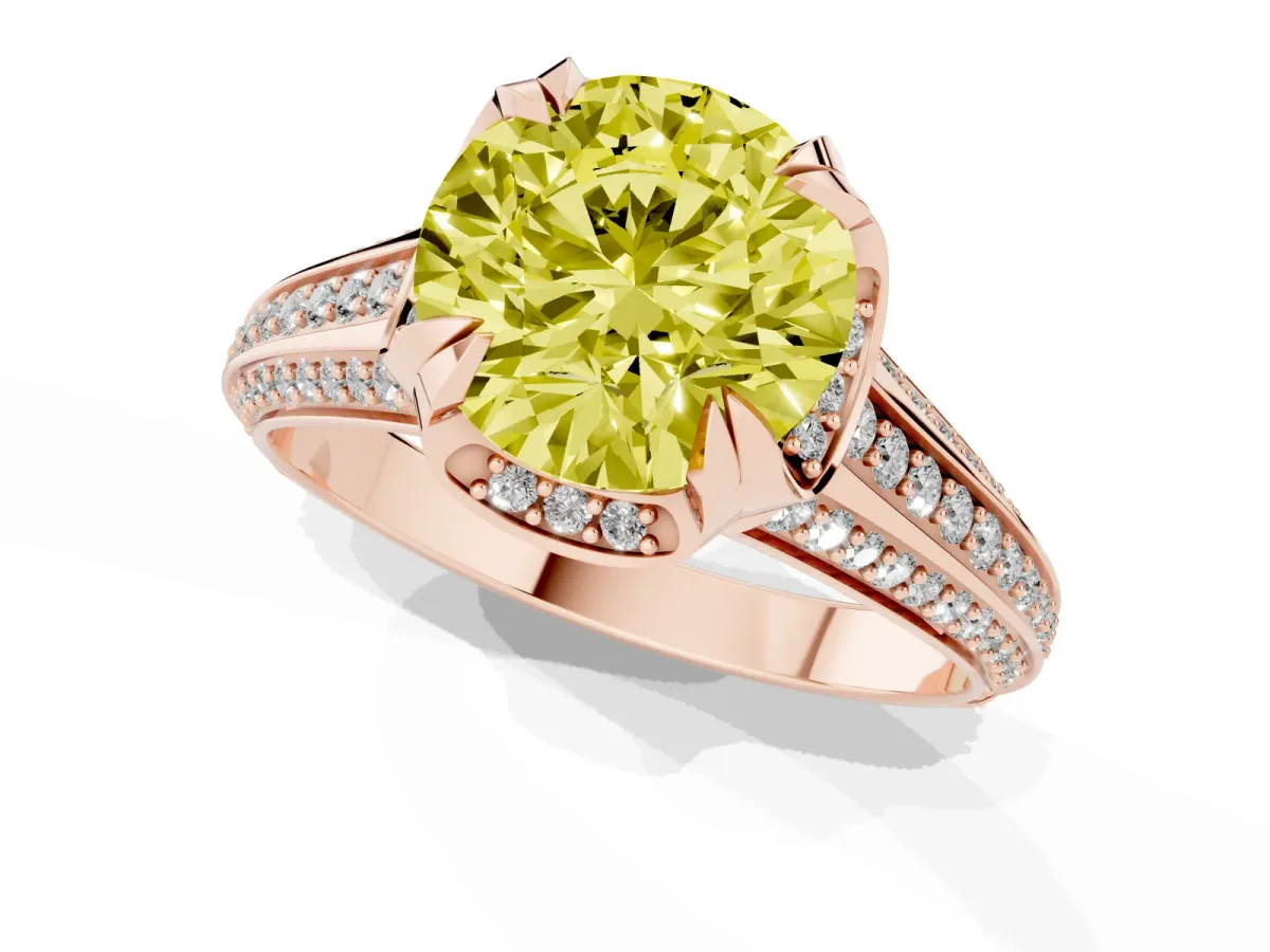 Fancy Yellow Round Cut Solitaire Pave Split Shank Ring with Four-Prong Setting Rose gold