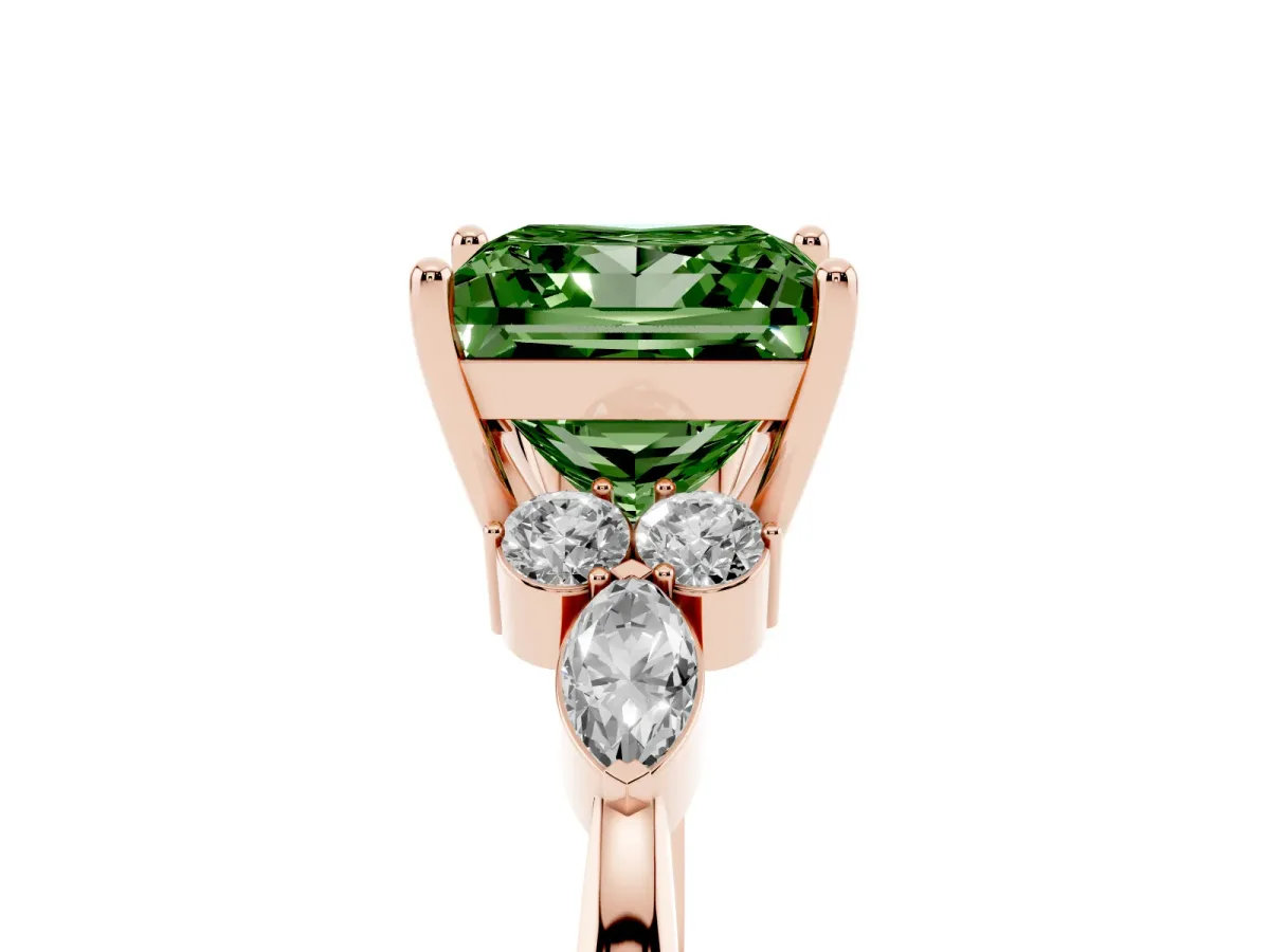 Fancy Green Princess Cut Brilliant Diamond Solitaire Ring with Pear Side Stones and Four-Prong Setting Rose gold