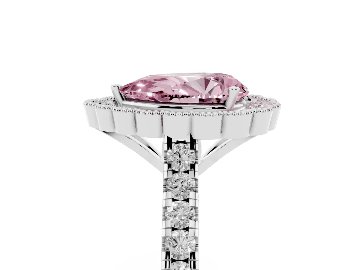 Fancy Pink Pear Cut Cut Diamond Milgrain Floral Halo Engagement Ring with Pavé Band Platinum