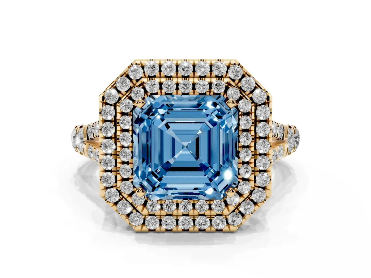 Fancy Blue Asscher Cut Diamond Pavé Split Shank Double Halo Engagement Ring Yellow gold