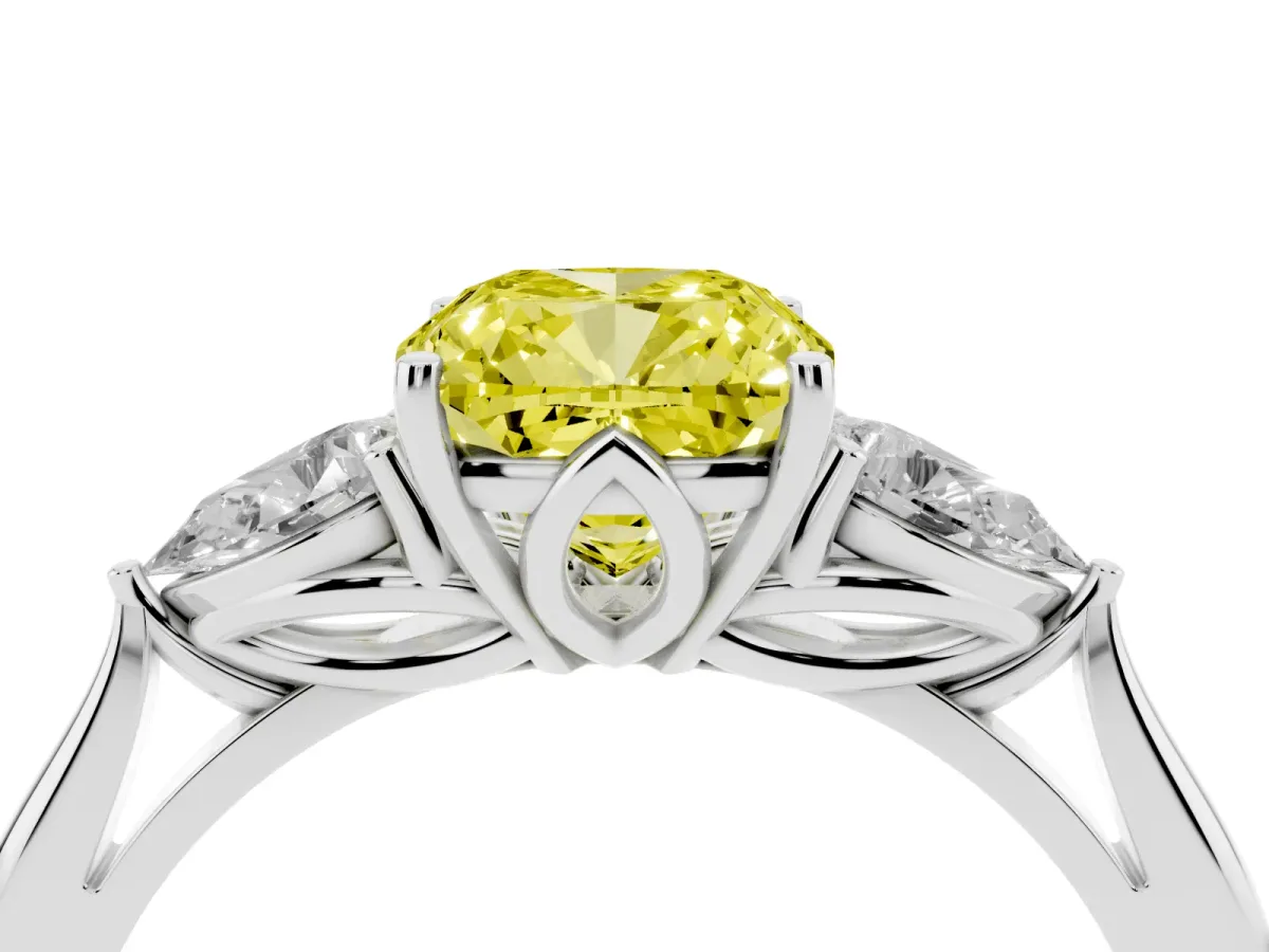 Fancy Yellow Three-Stone Cushion Cut Brilliant Diamond Solitaire Ring with Tapered Band and Four-Prong Setting Silver
