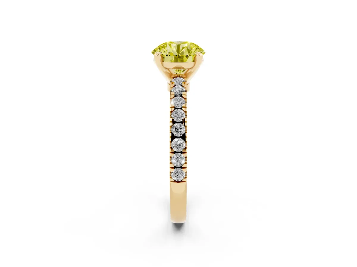 Fancy Yellow Round Cut Solitaire Diamond with Pavé Band and Four-Prong Setting Yellow gold