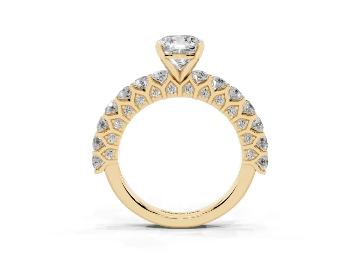 Cushion Cut Diamond Solitaire Ring with Shared Prong Pavé Band and Four-Prong Setting Yellow gold