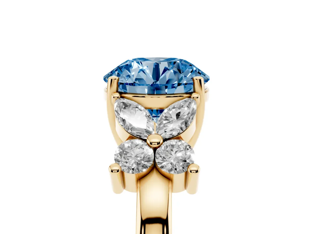 Fancy Blue Round Cut Diamond Floral Cluster Ring with Solitaire Band and Prong Setting Yellow gold