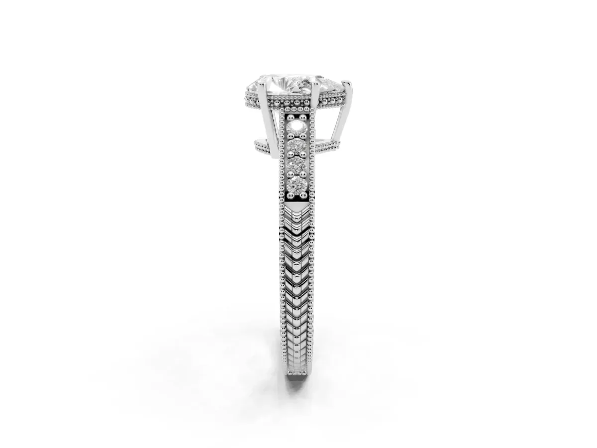 Pear Cut Solitaire Pavé Diamond Milgrain Engagement Ring with Four-Prong Setting Silver
