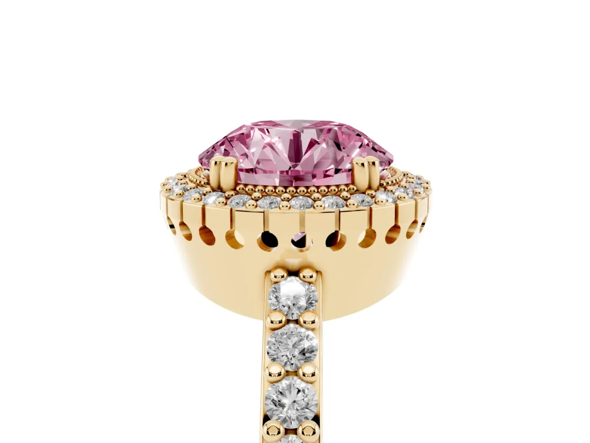 Fancy Pink Round Cut Cut Diamond Halo Engagement Ring with Milgrain Detail and Pavé Band Yellow gold