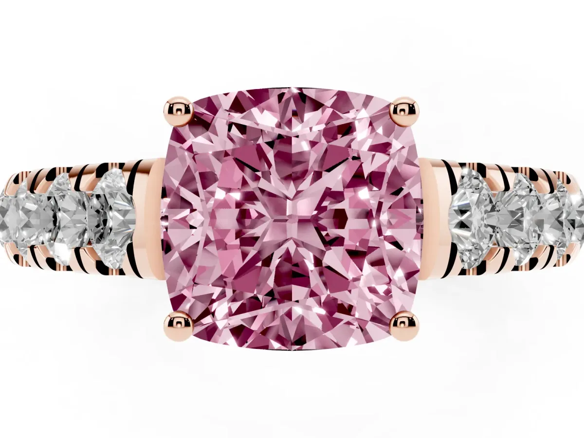 Fancy Pink Cushion Cut Cut Diamond Solitaire Ring with Micro Pave Band and Prong Setting Rose gold