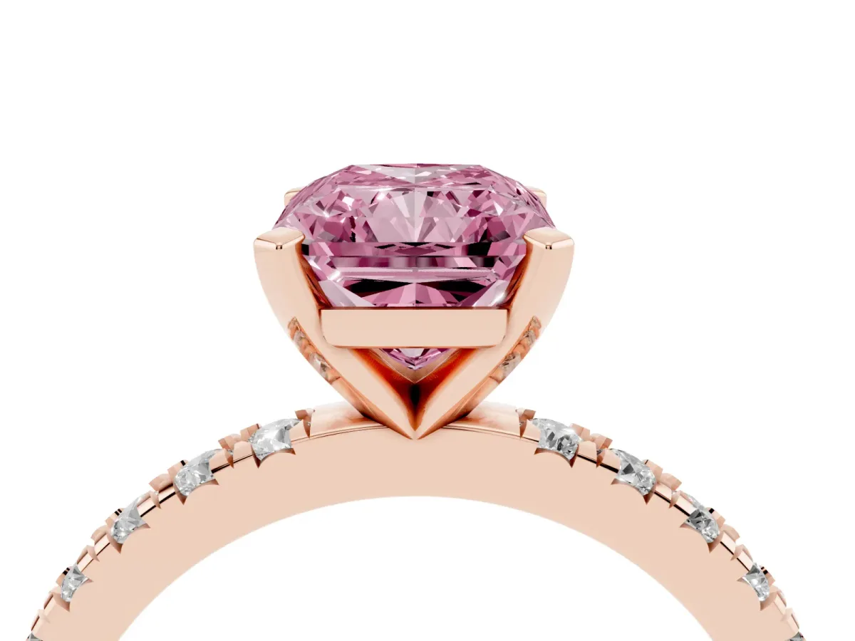 Fancy Pink Radiant Cut Diamond Pavé Band Solitaire with Four-Prong Setting Rose gold