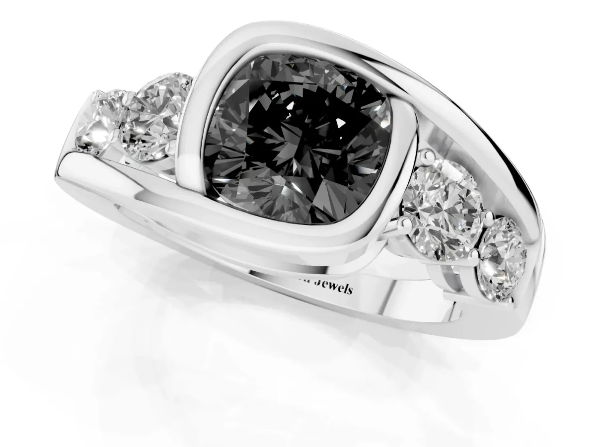 Fancy Black Bezel Set Cushion Cut Diamond Bypass Ring with Round Accents Platinum