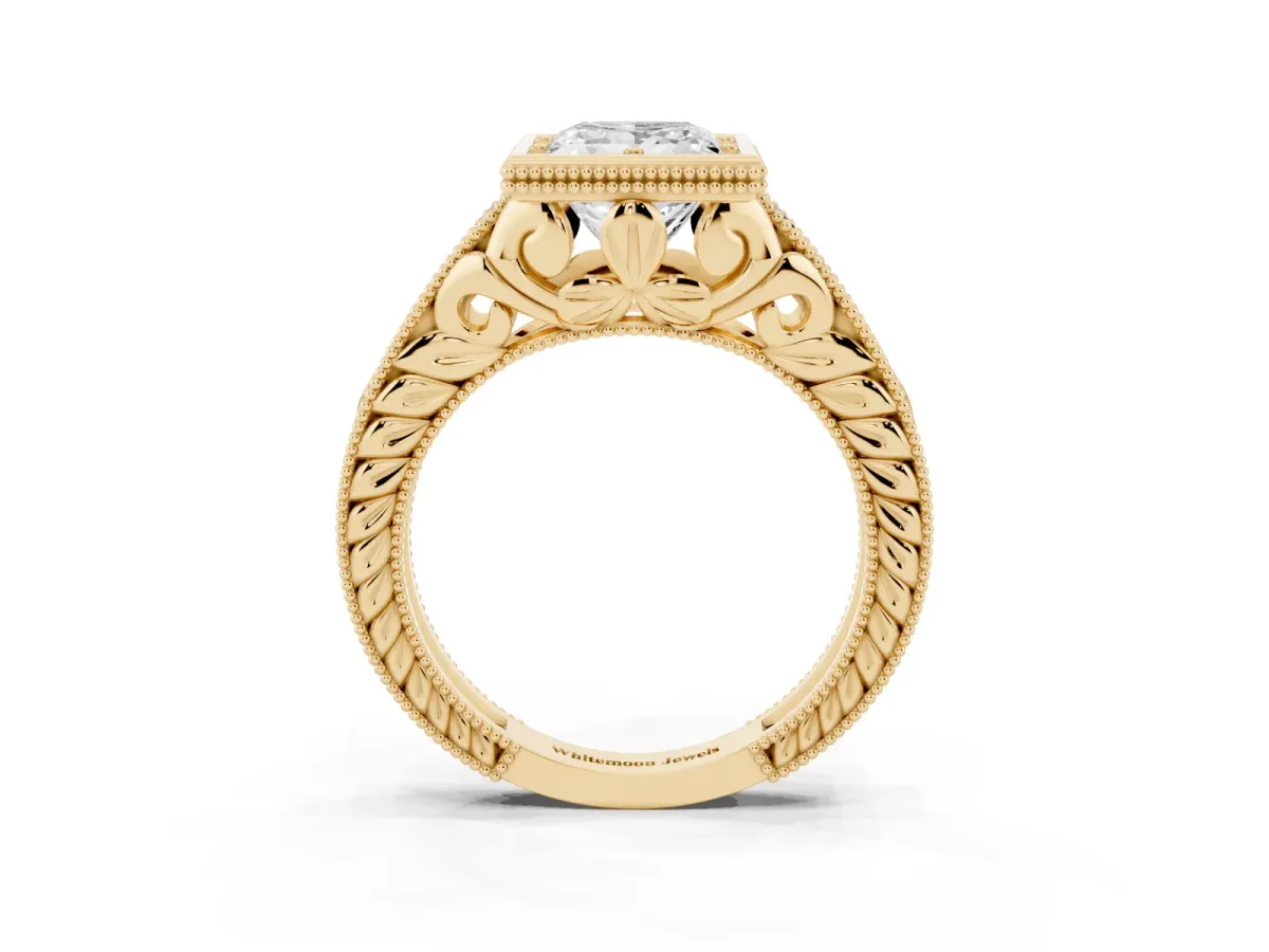 Bezel Set Princess Cut Diamond Milgrain Pave Engagement Ring Yellow gold