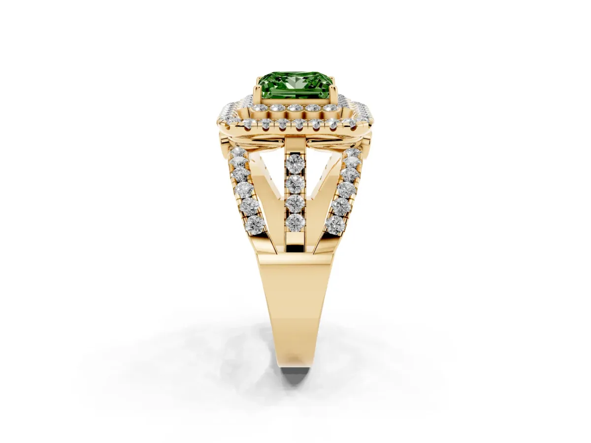 Fancy Green Princess Cut Diamond Double Halo Ring with Round Pavé Split Shank and Prong Setting Yellow gold