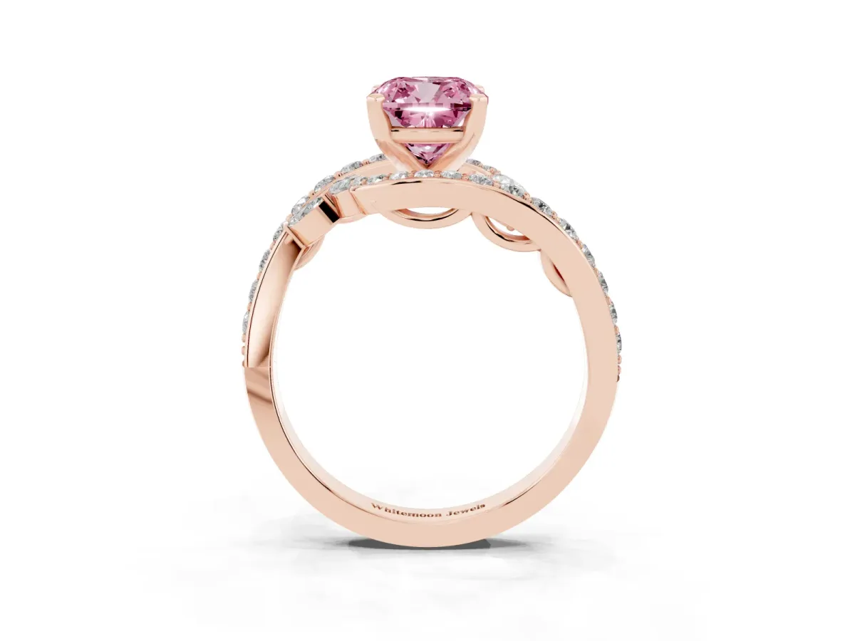 Fancy Pink Cushion Cut Solitaire with Pavé Twist Band and Four-Prong Setting Rose gold