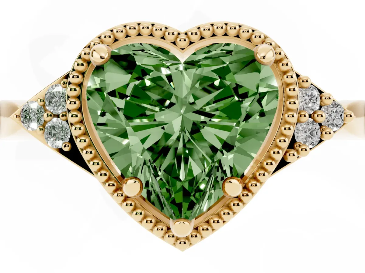 Fancy Green Hexagonal Halo Heart Cut Diamond Solitaire with Pavé Band and Four-Prong Setting Yellow gold