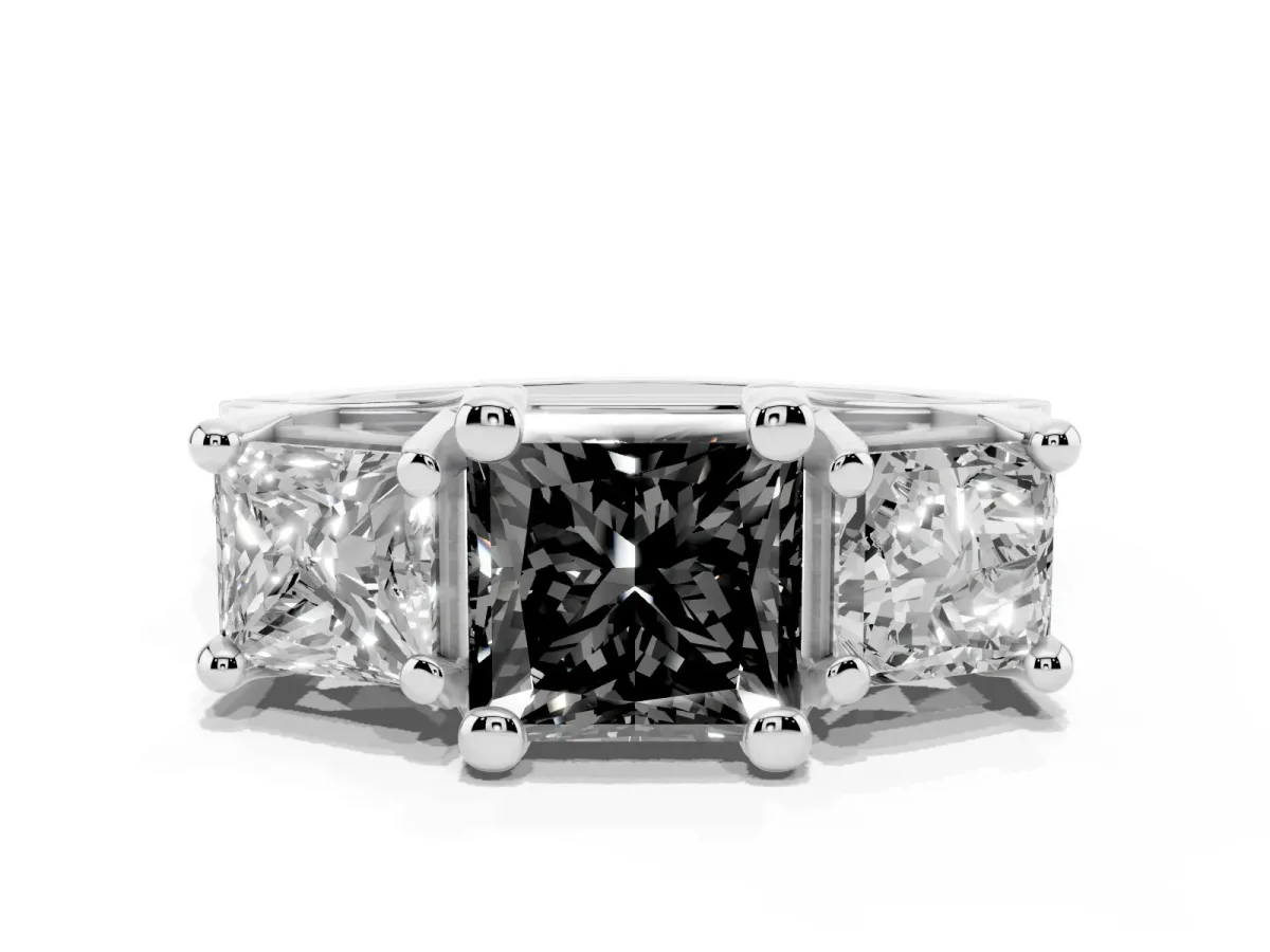 Fancy Black Princess Cut Diamond Three-Stone Ring with Channel Set Band and Four-Prong Setting Platinum