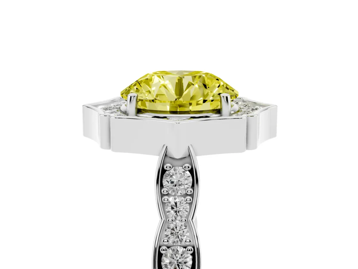 Fancy Yellow Round Cut Halo Diamond Engagement Ring with Milgrain Band and Four-Prong Setting Platinum